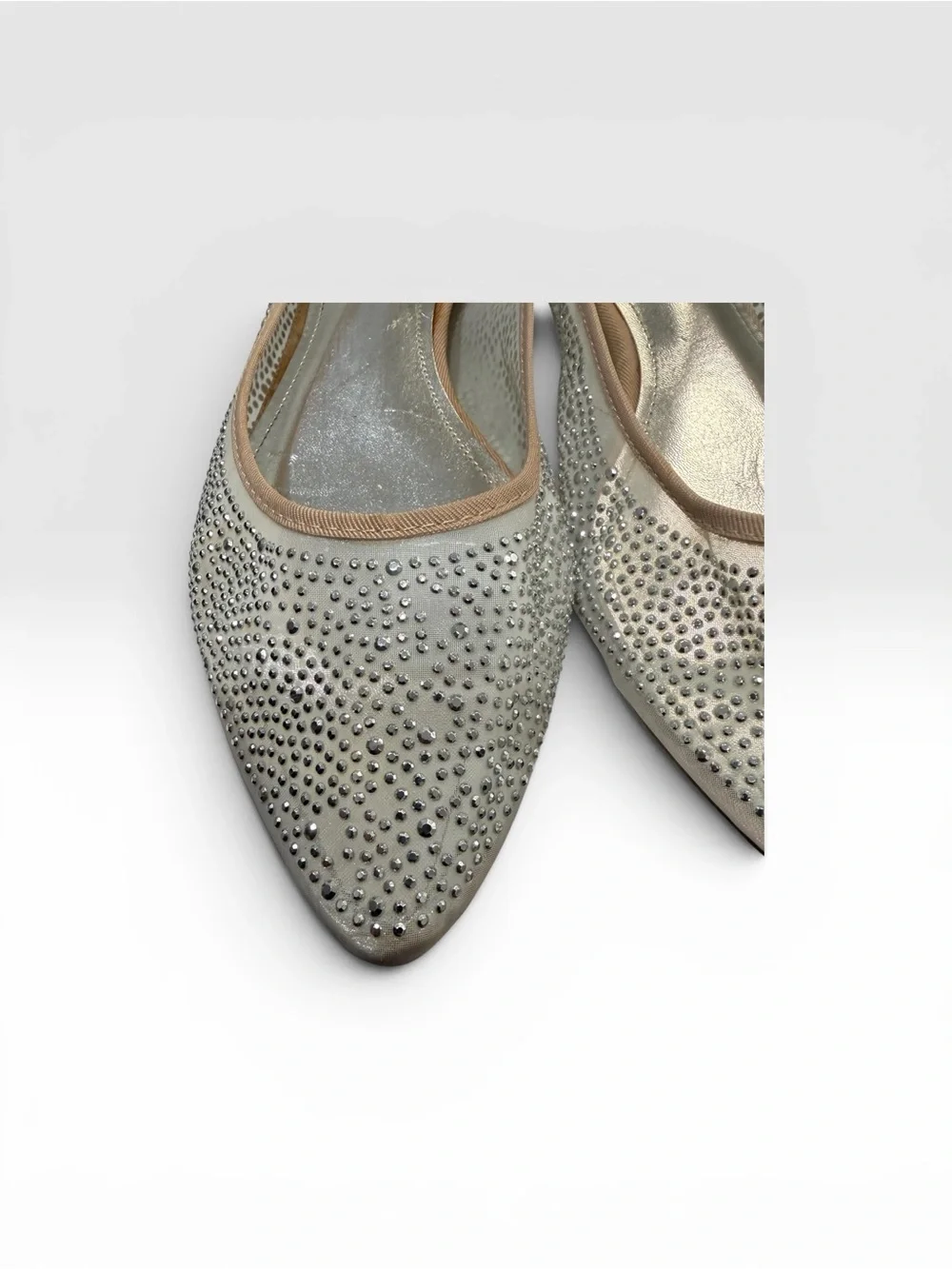 Jennifer Lopez Silver Rhinestone Pointed Toe Ballet Flats with Tan Trim